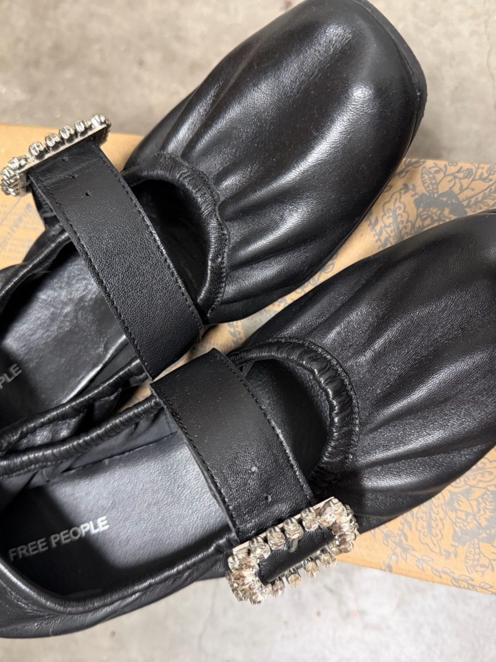 Free People Black Leather Mary Jane Flats with Crystal Buckles